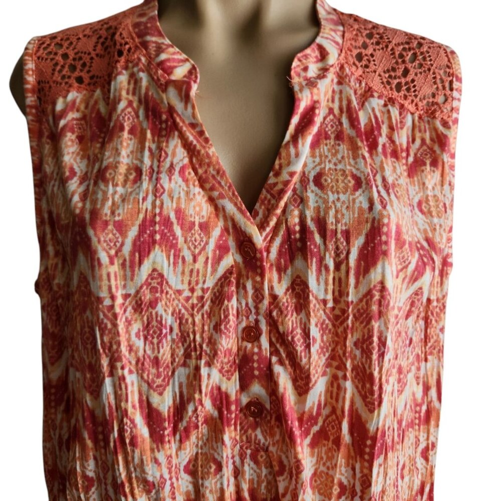 Summer Sleeveless Orange Geometric White Print Crochet Boho Hippie Top Size 1X - Picture 8 of 8